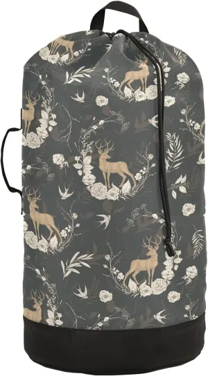 ALAZA Deer and Floral Laundry Bag Backpack Clothes Hamper Bag with Adjustable Shoulder Straps Drawstring Closure for Home Apartment College Dorm Travel