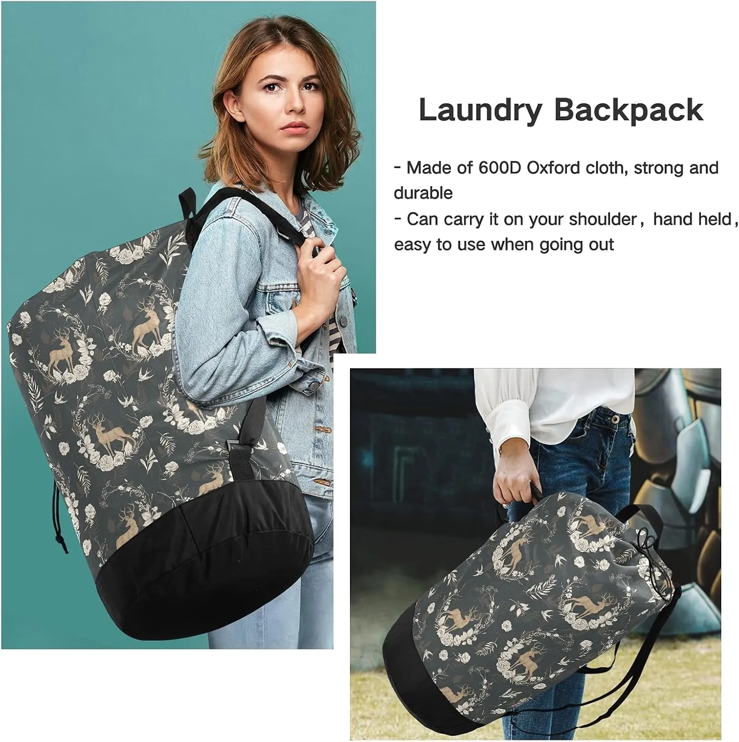 ALAZA Deer and Floral Laundry Bag Backpack Clothes Hamper Bag with Adjustable Shoulder Straps Drawstring Closure for Home Apartment College Dorm Travel