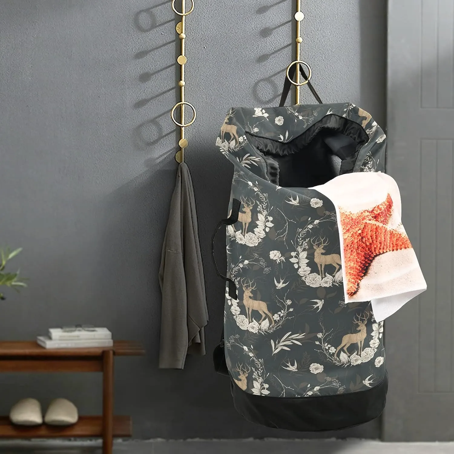 ALAZA Deer and Floral Laundry Bag Backpack Clothes Hamper Bag with Adjustable Shoulder Straps Drawstring Closure for Home Apartment College Dorm Travel