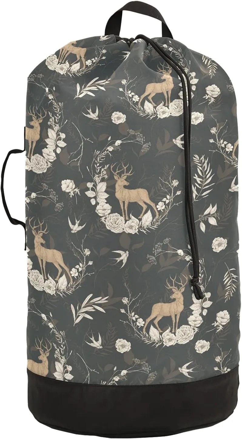 ALAZA Deer and Floral Laundry Bag Backpack Clothes Hamper Bag with Adjustable Shoulder Straps Drawstring Closure for Home Apartment College Dorm Travel