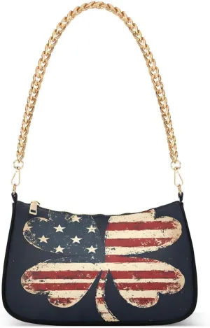 ALAZA Four Leaf Clover American Flag Chian Shoulder Bag Handbags Tote Mini Clutch Purse Hobo Bag with Zipper Closure for Women