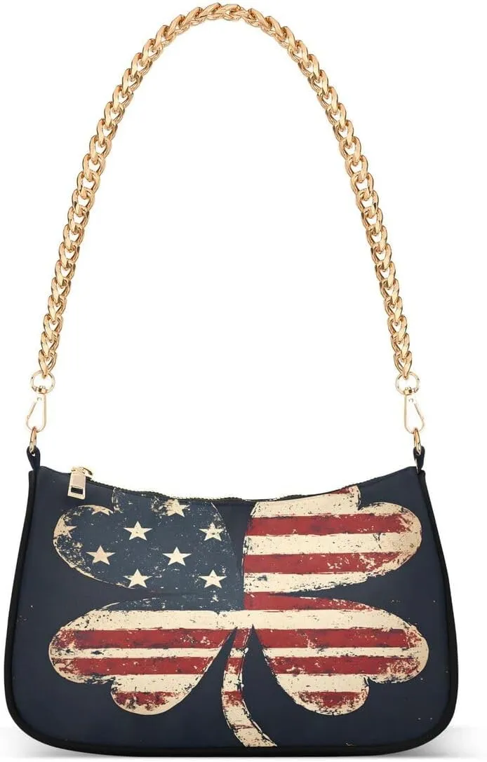 ALAZA Four Leaf Clover American Flag Chian Shoulder Bag Handbags Tote Mini Clutch Purse Hobo Bag with Zipper Closure for Women