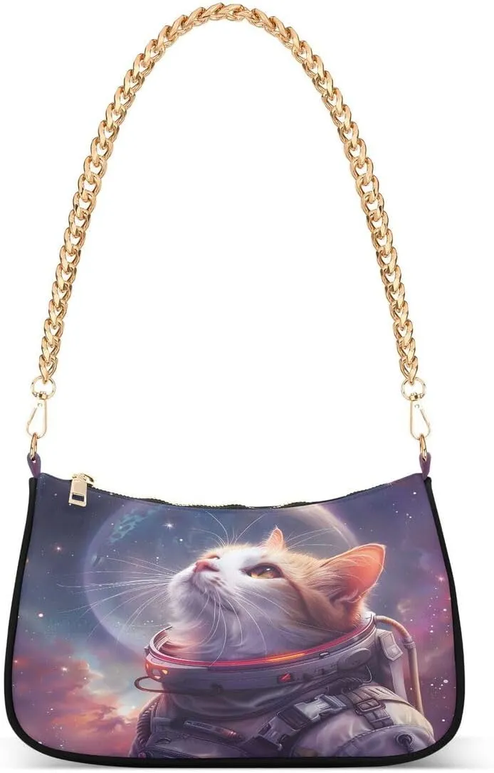 ALAZA Galaxy Nebula Kitten Cat Space Chian Shoulder Bag Handbags Tote Mini Clutch Purse Hobo Bag with Zipper Closure for Women