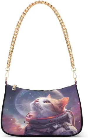 ALAZA Galaxy Nebula Kitten Cat Space Chian Shoulder Bag Handbags Tote Mini Clutch Purse Hobo Bag with Zipper Closure for Women