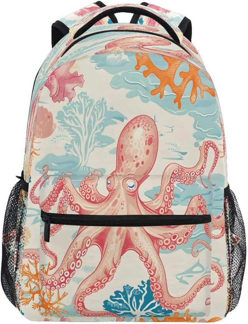 ALAZA Octopus Coral Reef Retro Backpack Daypack School Bag Travel Shoulder Bag for Students Boys Girls