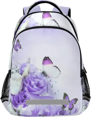 ALAZA Purple Rose Flower Butterfly Backpacks for Girls Boys Kids School Book Bags 3rd 4th 5th Grade Laptop Casual Daypack Travel Shoulder Bag with Chest Strap