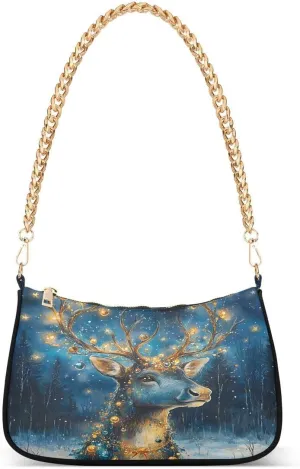 ALAZA Reindeer Blue Fantasy Chian Shoulder Bag Handbags Tote Mini Clutch Purse Hobo Bag with Zipper Closure for Women