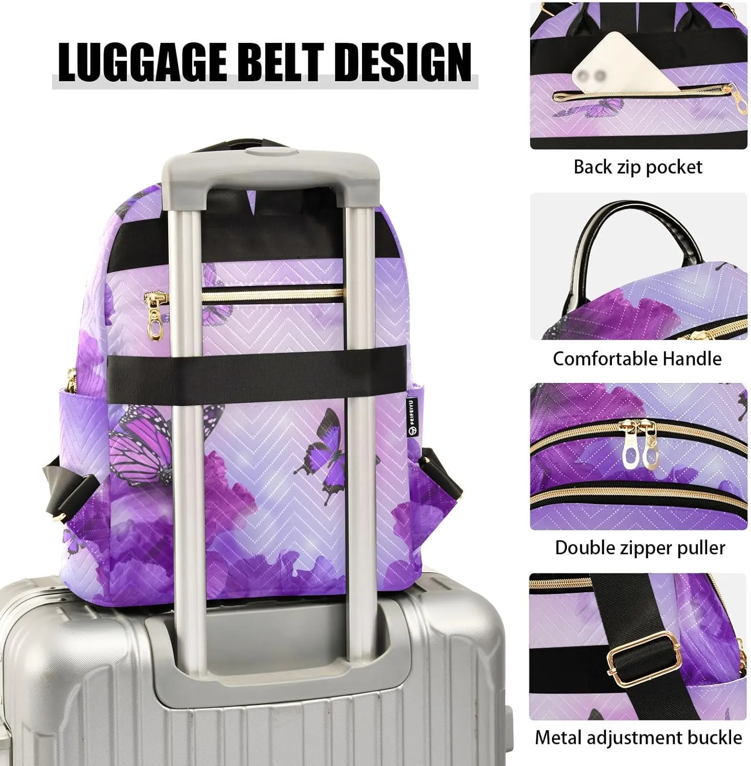 ALAZA Travel Backpack Purse for Women Fashion Anti-theft Work Casual Butterfly Purple Flower Daypack Shoulder Bag Medium Size
