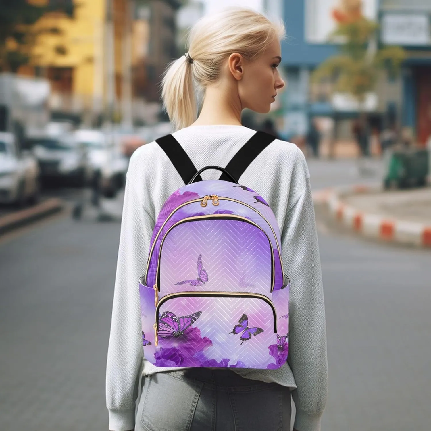 ALAZA Travel Backpack Purse for Women Fashion Anti-theft Work Casual Butterfly Purple Flower Daypack Shoulder Bag Medium Size