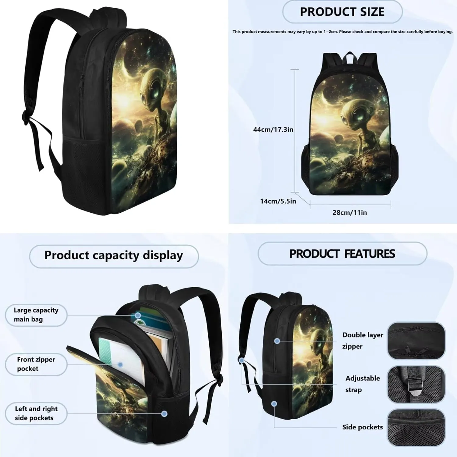 Alien Backpack for Girls Kids Backpack with Lunch Box Water Bottle Pouch and Kawaii Pencil Case 4pcs Set Cute Bookbag with Compartments 17" School Bag for Elementary
