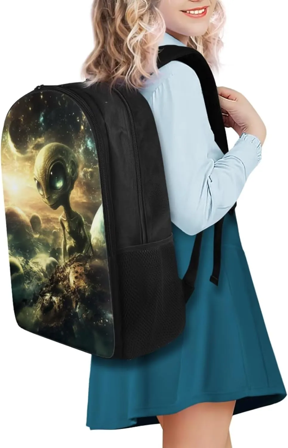 Alien Backpack for Girls Kids Backpack with Lunch Box Water Bottle Pouch and Kawaii Pencil Case 4pcs Set Cute Bookbag with Compartments 17" School Bag for Elementary