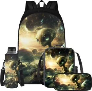 Alien Backpack for Girls Kids Backpack with Lunch Box Water Bottle Pouch and Kawaii Pencil Case 4pcs Set Cute Bookbag with Compartments 17" School Bag for Elementary