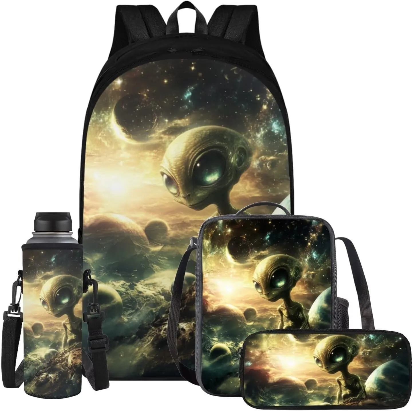 Alien Backpack for Girls Kids Backpack with Lunch Box Water Bottle Pouch and Kawaii Pencil Case 4pcs Set Cute Bookbag with Compartments 17" School Bag for Elementary