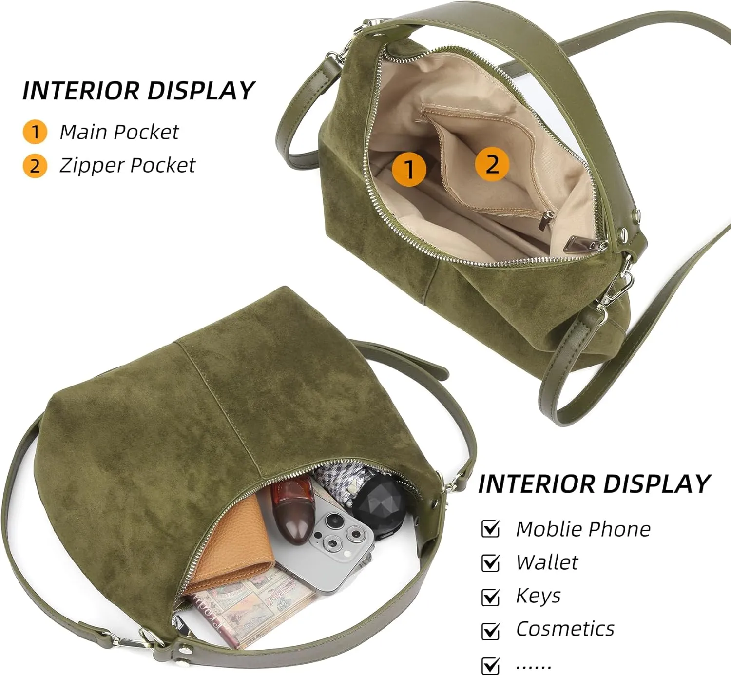 ALUSBELL Suede Tote Bags For Women Retro Suede Crossbody Shoulder Bag Crescent Satchel Hobo Bag Travel Work Purses Handbag