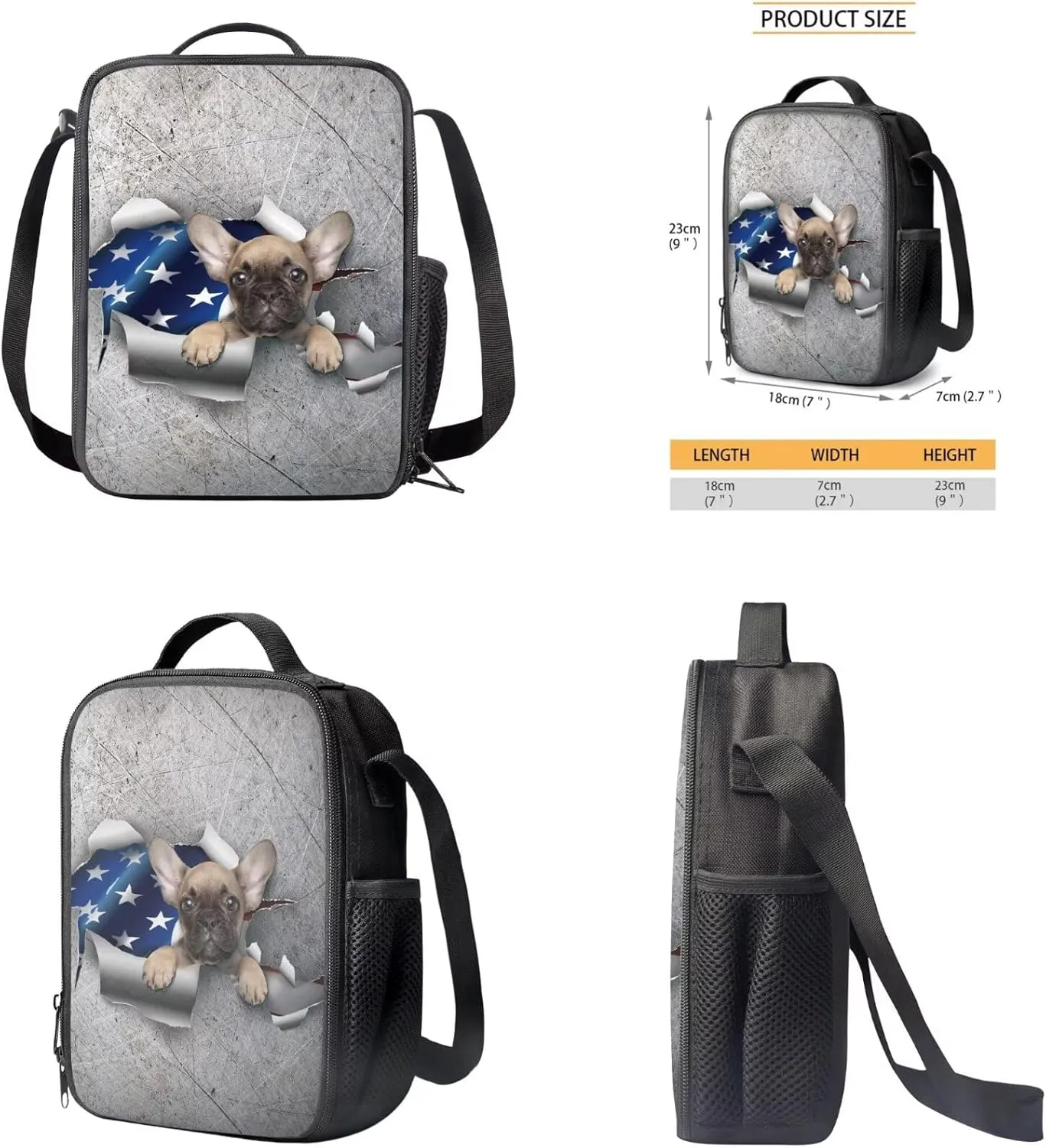 American Flag and Puppy Print Girls Boys Backpack with Lunch Box Preschool Elementary Kindergarten Bookbag for Kids Pencil Case Pouch 3 Piece Zipper Closure