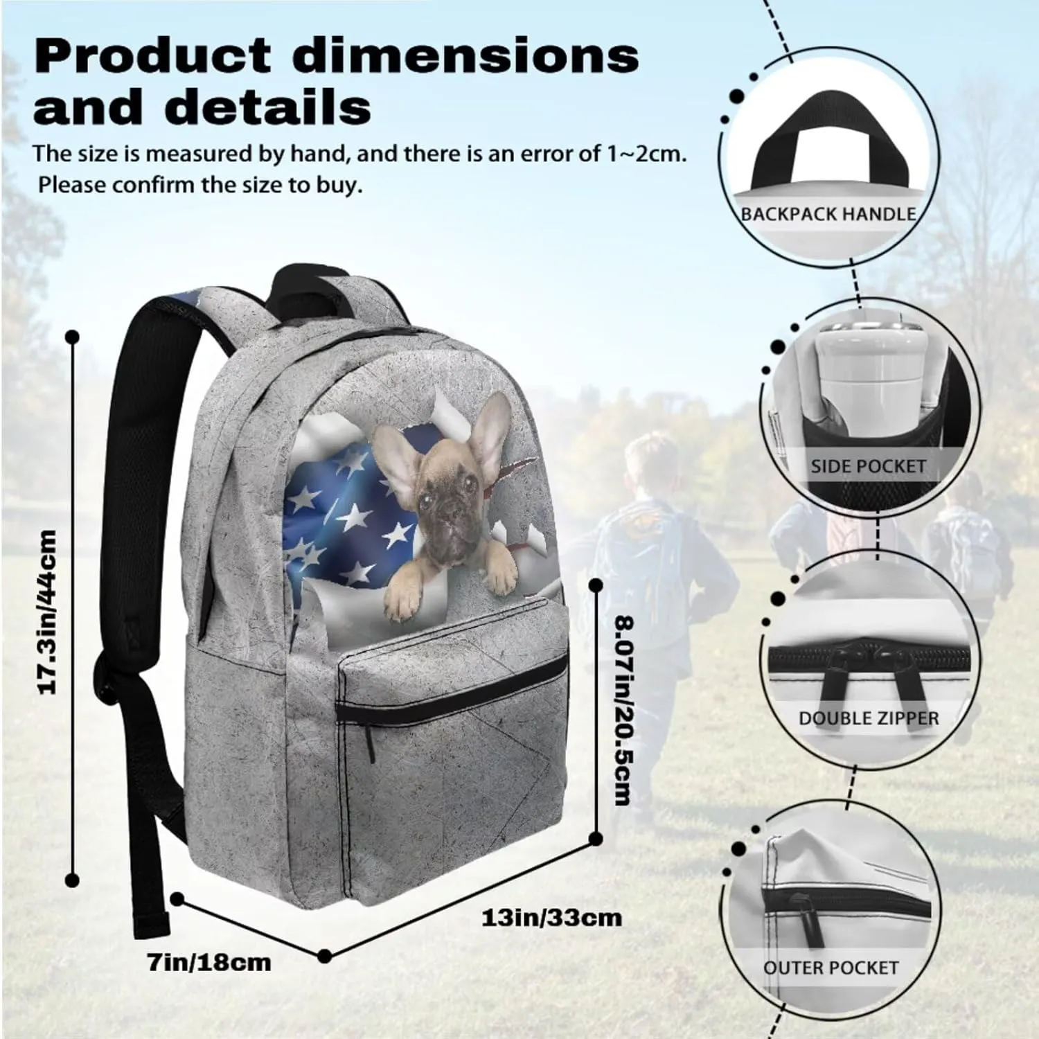 American Flag and Puppy Print Girls Boys Backpack with Lunch Box Preschool Elementary Kindergarten Bookbag for Kids Pencil Case Pouch 3 Piece Zipper Closure