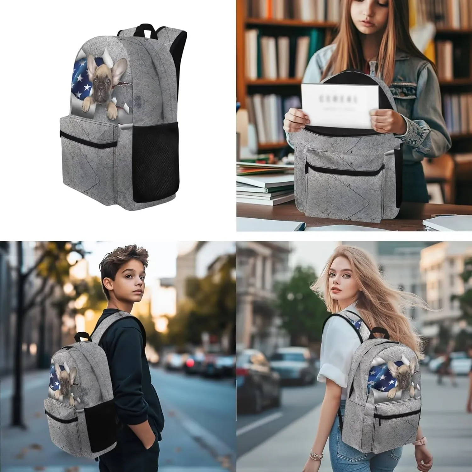 American Flag and Puppy Print Girls Boys Backpack with Lunch Box Preschool Elementary Kindergarten Bookbag for Kids Pencil Case Pouch 3 Piece Zipper Closure