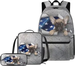 American Flag and Puppy Print Girls Boys Backpack with Lunch Box Preschool Elementary Kindergarten Bookbag for Kids Pencil Case Pouch 3 Piece Zipper Closure
