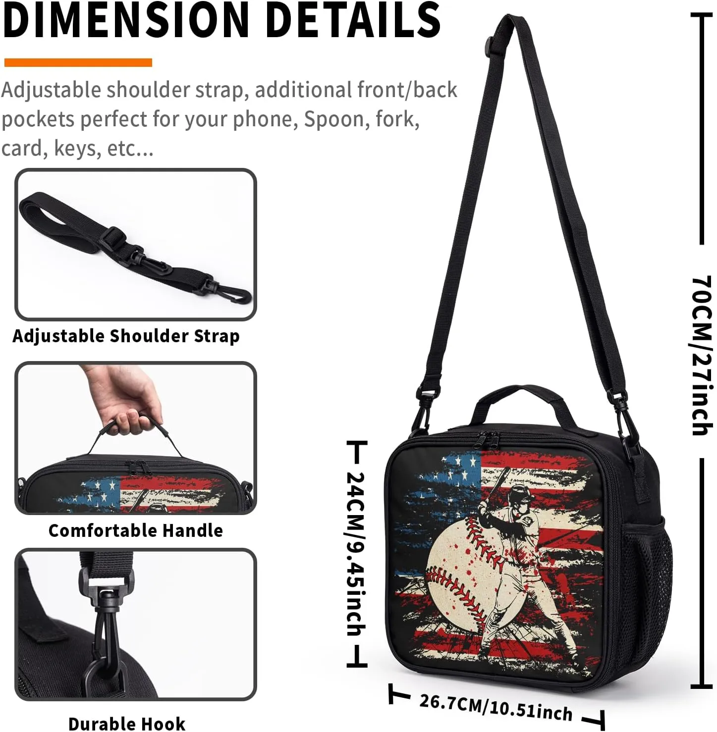American Flag Baseball Pattern Lunch Bag Sport Baseball Lunch Boxes for Women/Man Office Work Travel School Work Picnic Durable Reusable Insulated Large Lunch Tote Bag with Adjustable Shoulder Strap
