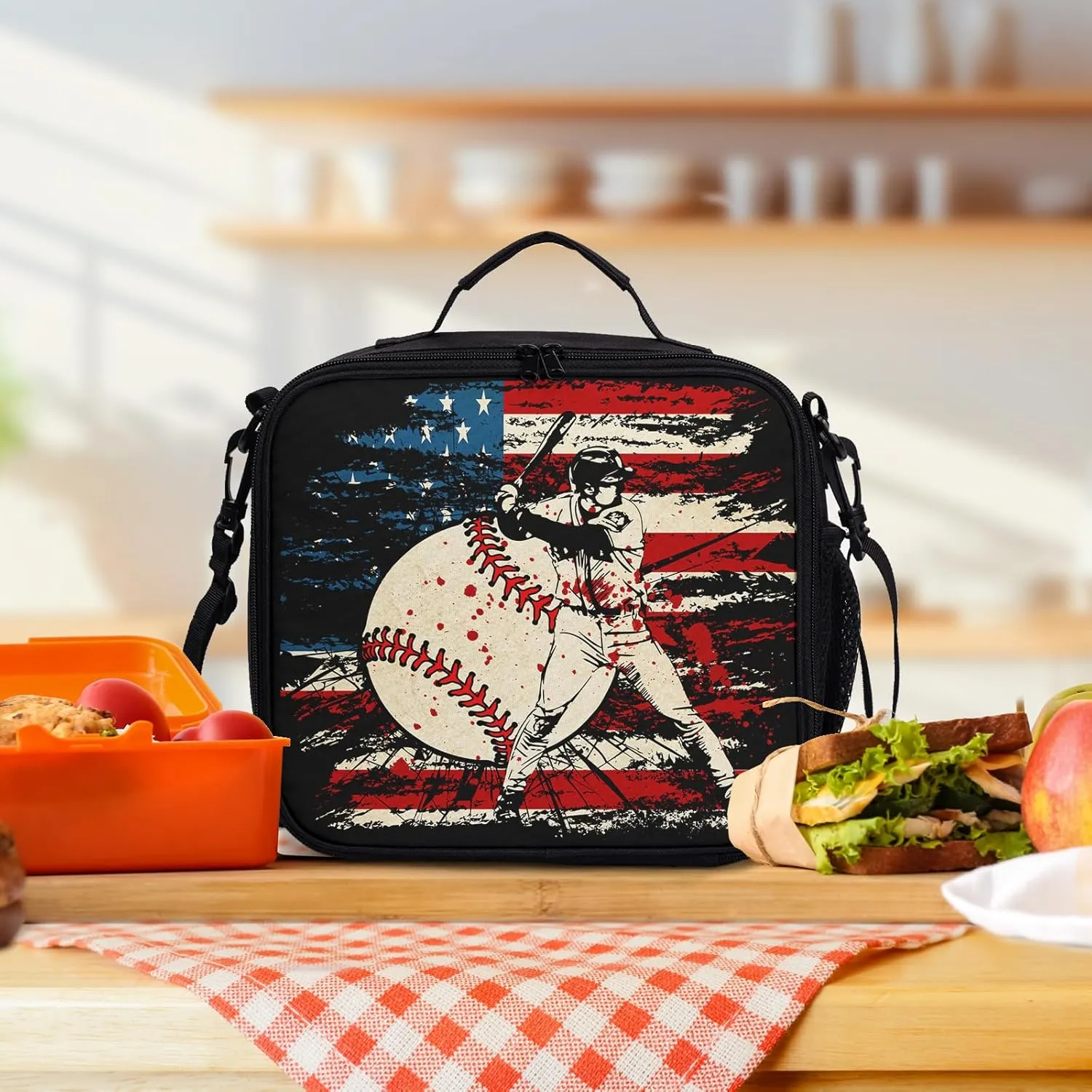 American Flag Baseball Pattern Lunch Bag Sport Baseball Lunch Boxes for Women/Man Office Work Travel School Work Picnic Durable Reusable Insulated Large Lunch Tote Bag with Adjustable Shoulder Strap