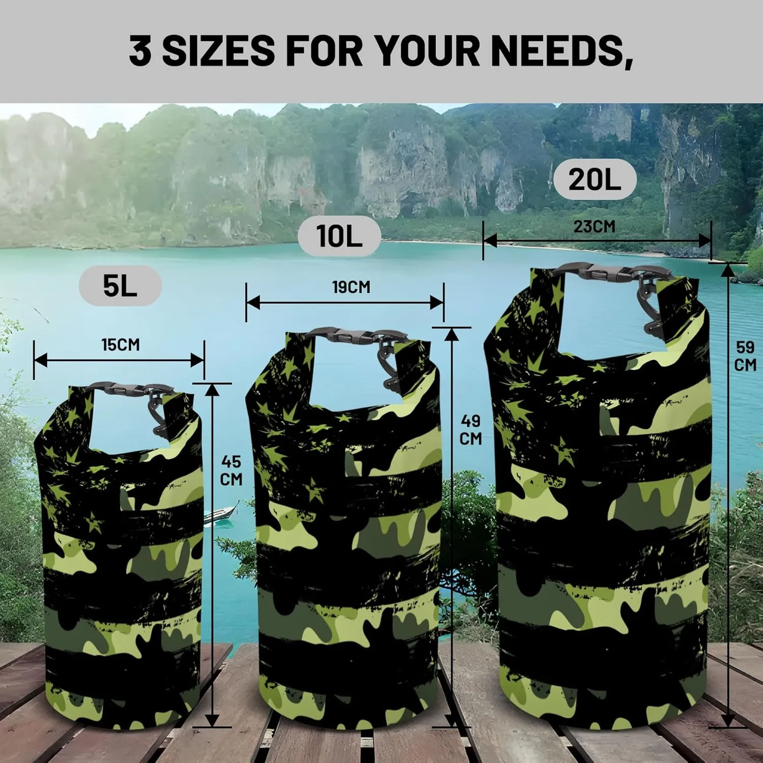 American Flag Waterproof Dry Bag - Roll Top Camouflage Backpack 5L/10L/20L Floating, Lightweight for Kayaking, Boating, Fishing, Swimming, Camping with Waterproof Phone Case