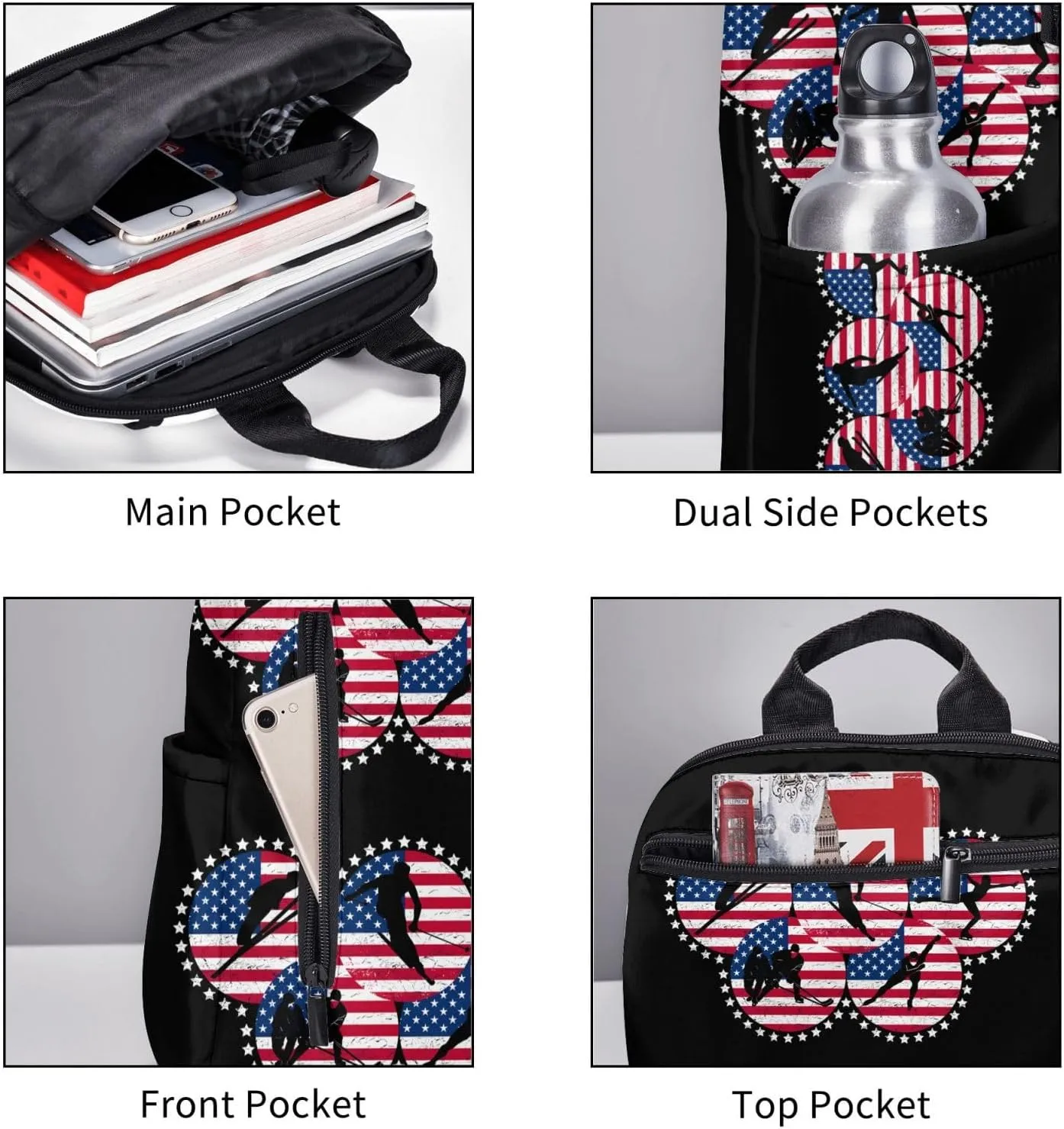 American Flag Winter Sport Games Casual Backpacks Laptop Backpack Outdoor Travel Rucksack Sport Carry-On Daypack Lightweight Bag with Multi-Pockets