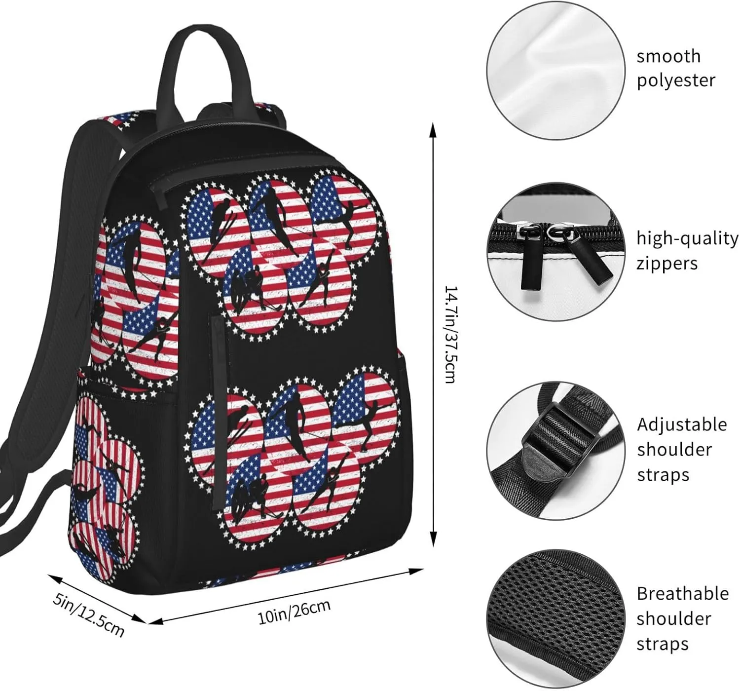 American Flag Winter Sport Games Casual Backpacks Laptop Backpack Outdoor Travel Rucksack Sport Carry-On Daypack Lightweight Bag with Multi-Pockets