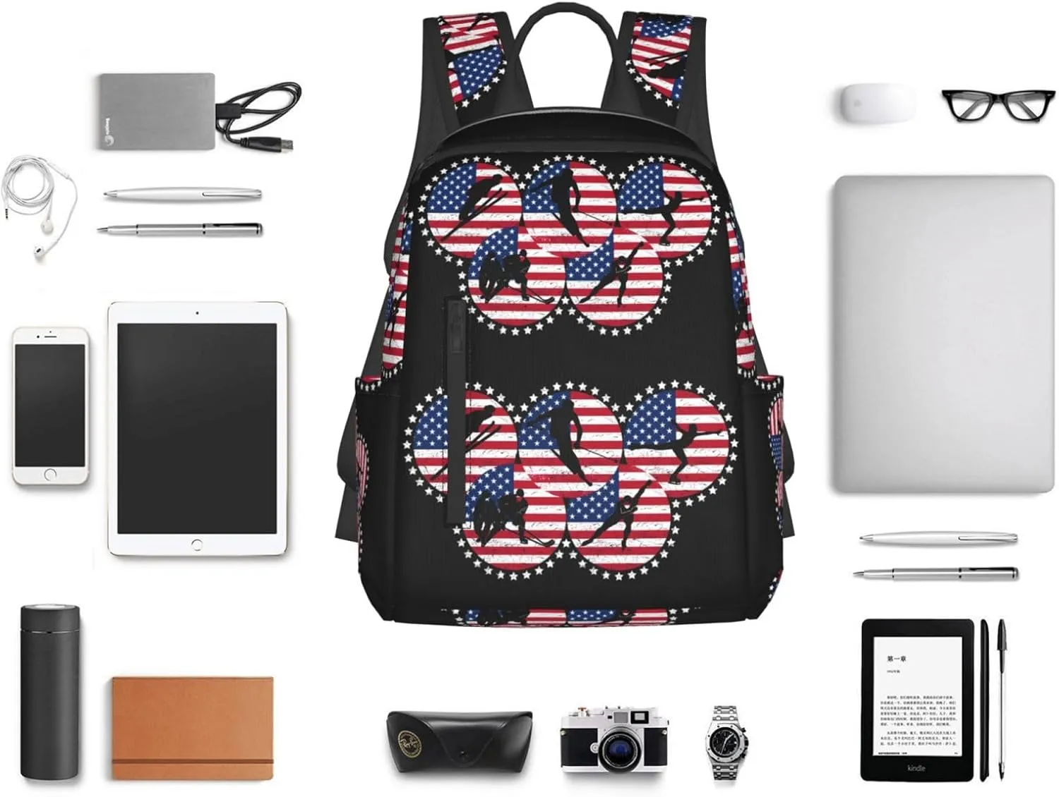American Flag Winter Sport Games Casual Backpacks Laptop Backpack Outdoor Travel Rucksack Sport Carry-On Daypack Lightweight Bag with Multi-Pockets