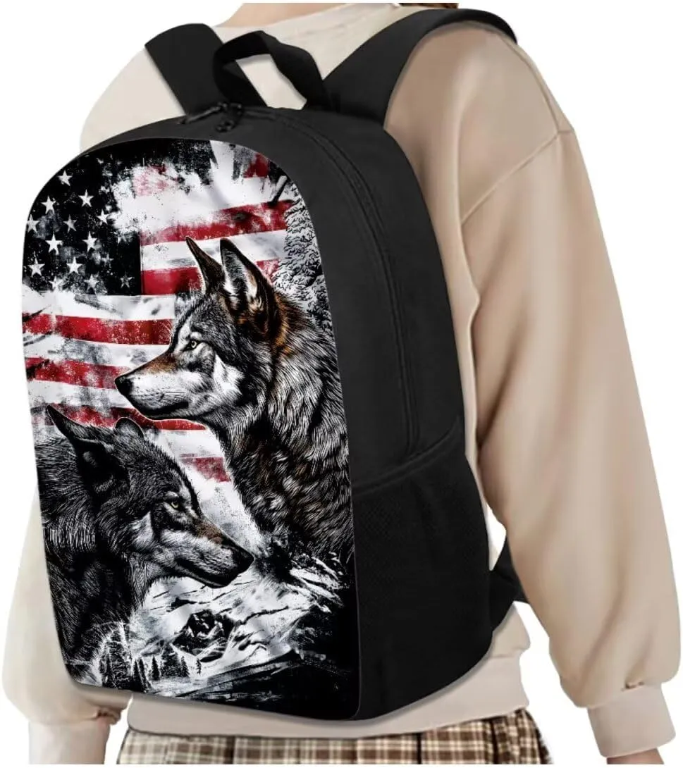 American Flag Wolf Bookbags for 7th Grade Boys Kids School Backpack with Lunch Box Pencil Case Bottle Sleeve Multifunctional Elementary School Bags for Boys Backpacks Ages 10-12