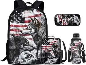 American Flag Wolf Bookbags for 7th Grade Boys Kids School Backpack with Lunch Box Pencil Case Bottle Sleeve Multifunctional Elementary School Bags for Boys Backpacks Ages 10-12