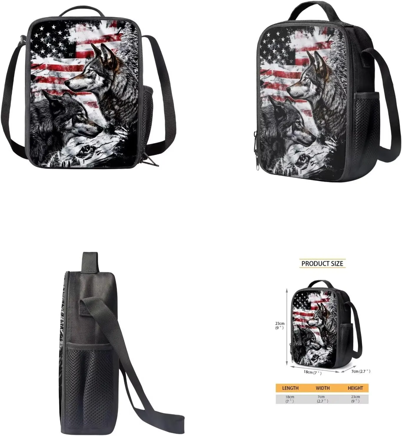 American Flag Wolf Bookbags for 7th Grade Boys Kids School Backpack with Lunch Box Pencil Case Bottle Sleeve Multifunctional Elementary School Bags for Boys Backpacks Ages 10-12