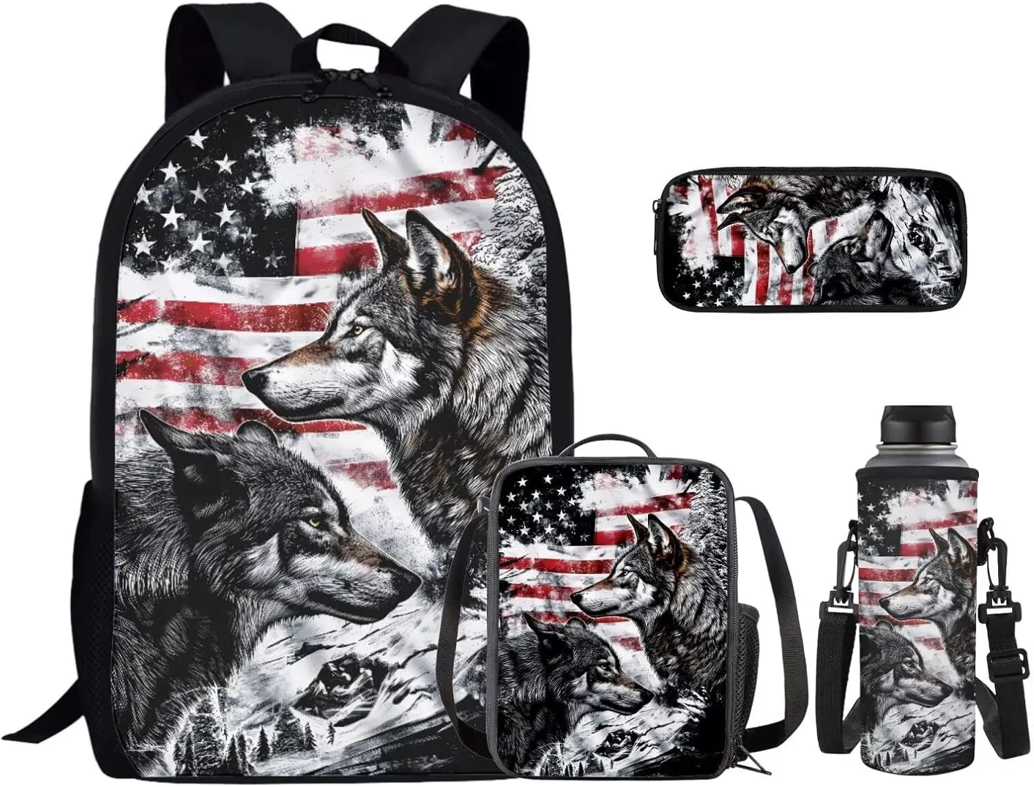American Flag Wolf Bookbags for 7th Grade Boys Kids School Backpack with Lunch Box Pencil Case Bottle Sleeve Multifunctional Elementary School Bags for Boys Backpacks Ages 10-12