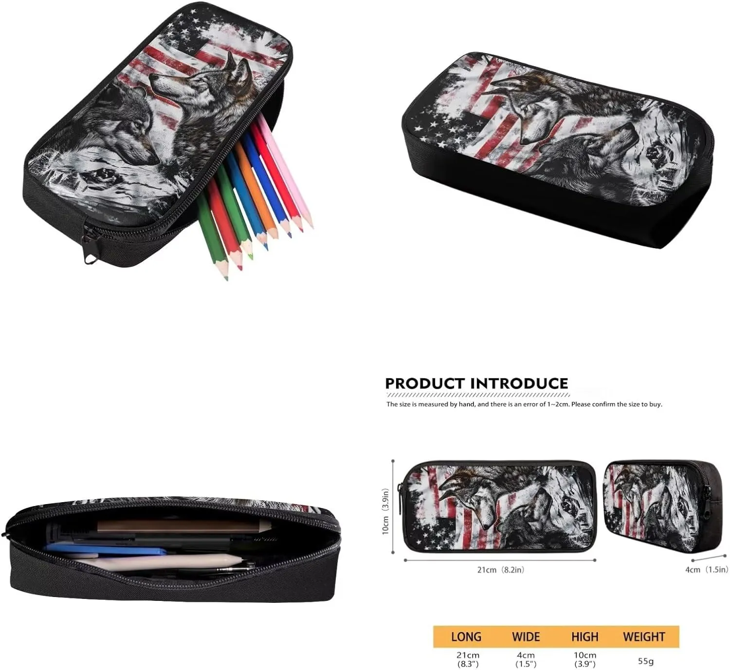 American Flag Wolf Bookbags for 7th Grade Boys Kids School Backpack with Lunch Box Pencil Case Bottle Sleeve Multifunctional Elementary School Bags for Boys Backpacks Ages 10-12