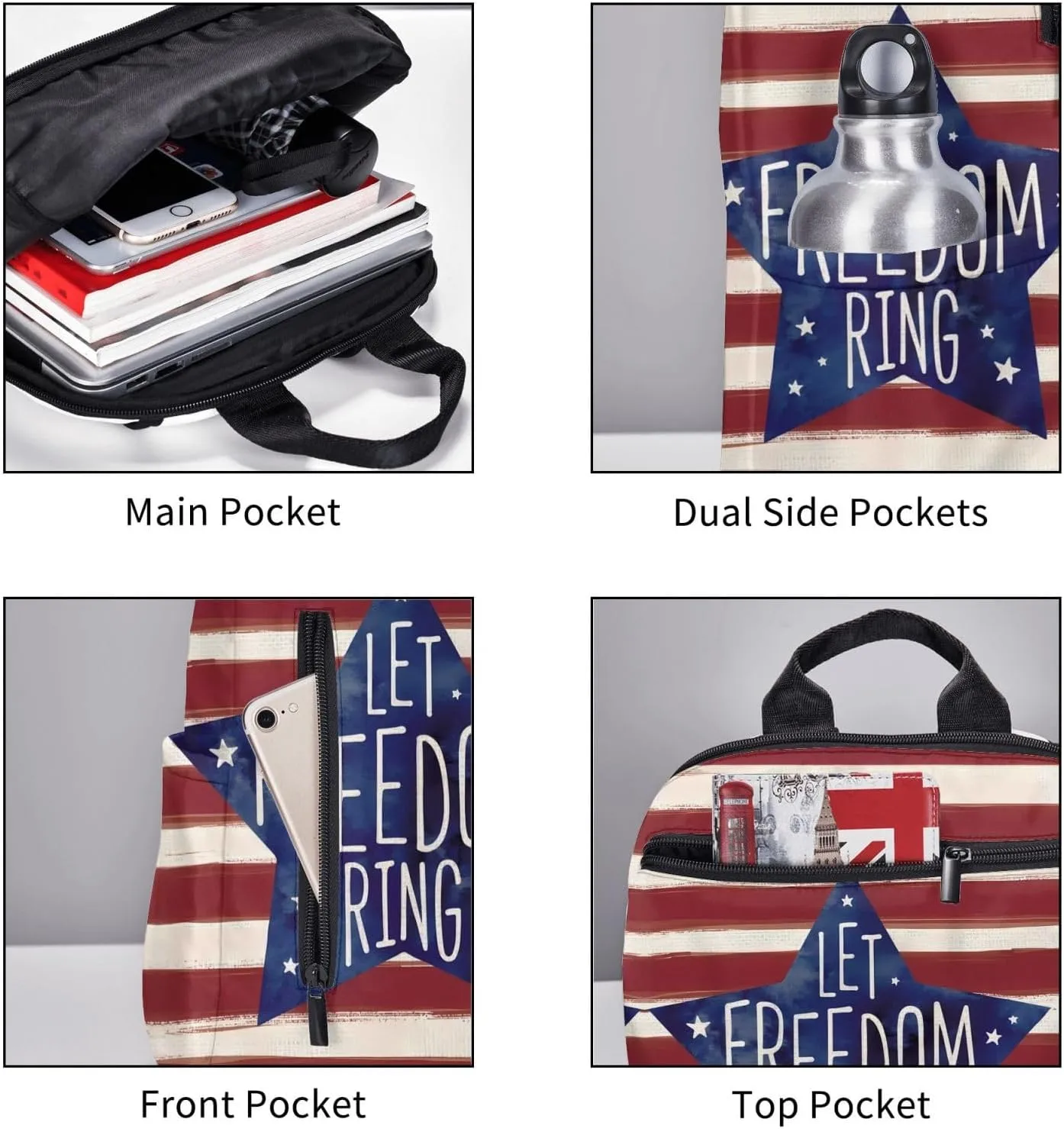 American Independence Day American Flag Stripes Let Freedom Ring Casual Backpacks Laptop Backpack Outdoor Travel Rucksack Sport Carry-On Daypack Lightweight Bag with Multi-Pockets