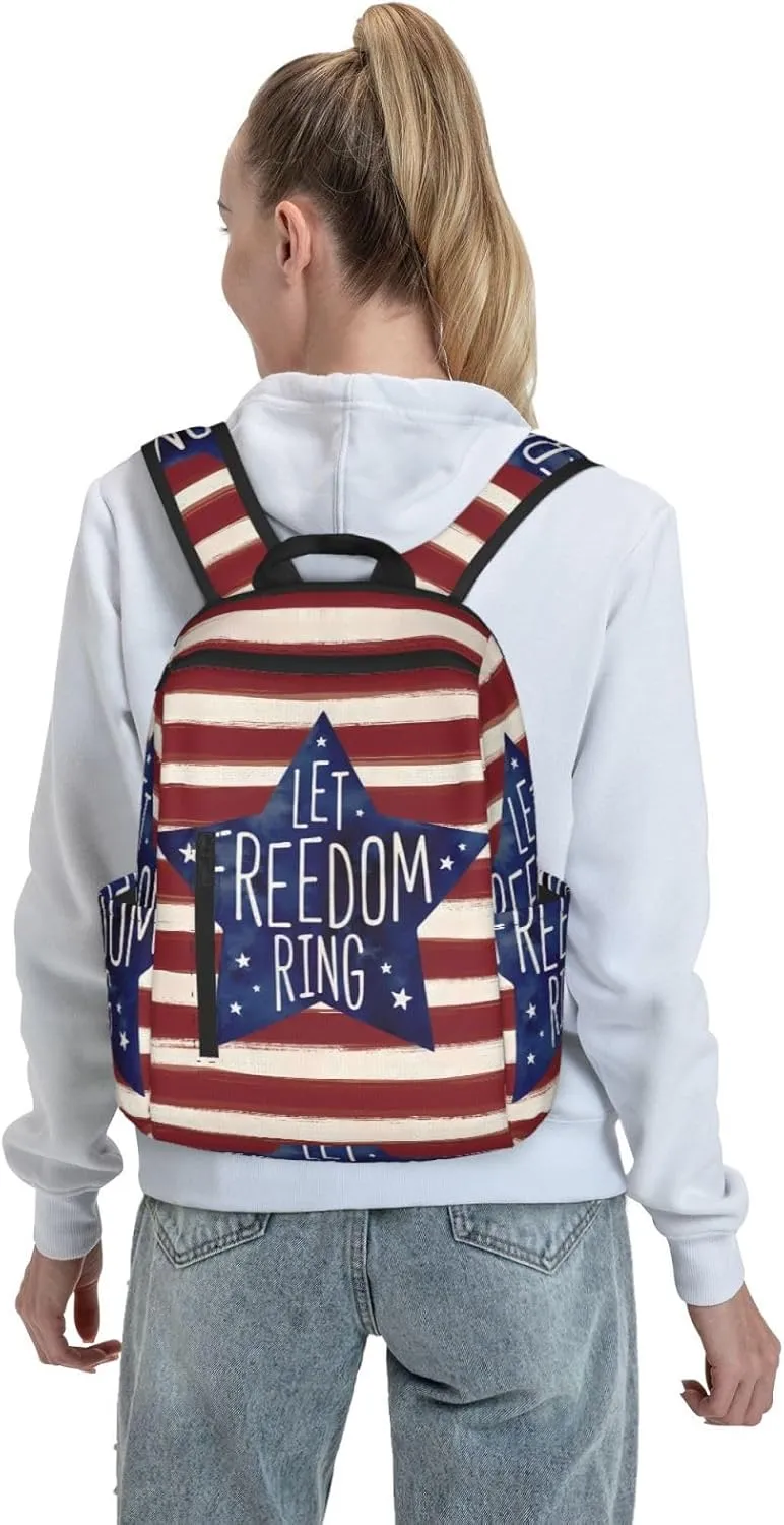 American Independence Day American Flag Stripes Let Freedom Ring Casual Backpacks Laptop Backpack Outdoor Travel Rucksack Sport Carry-On Daypack Lightweight Bag with Multi-Pockets