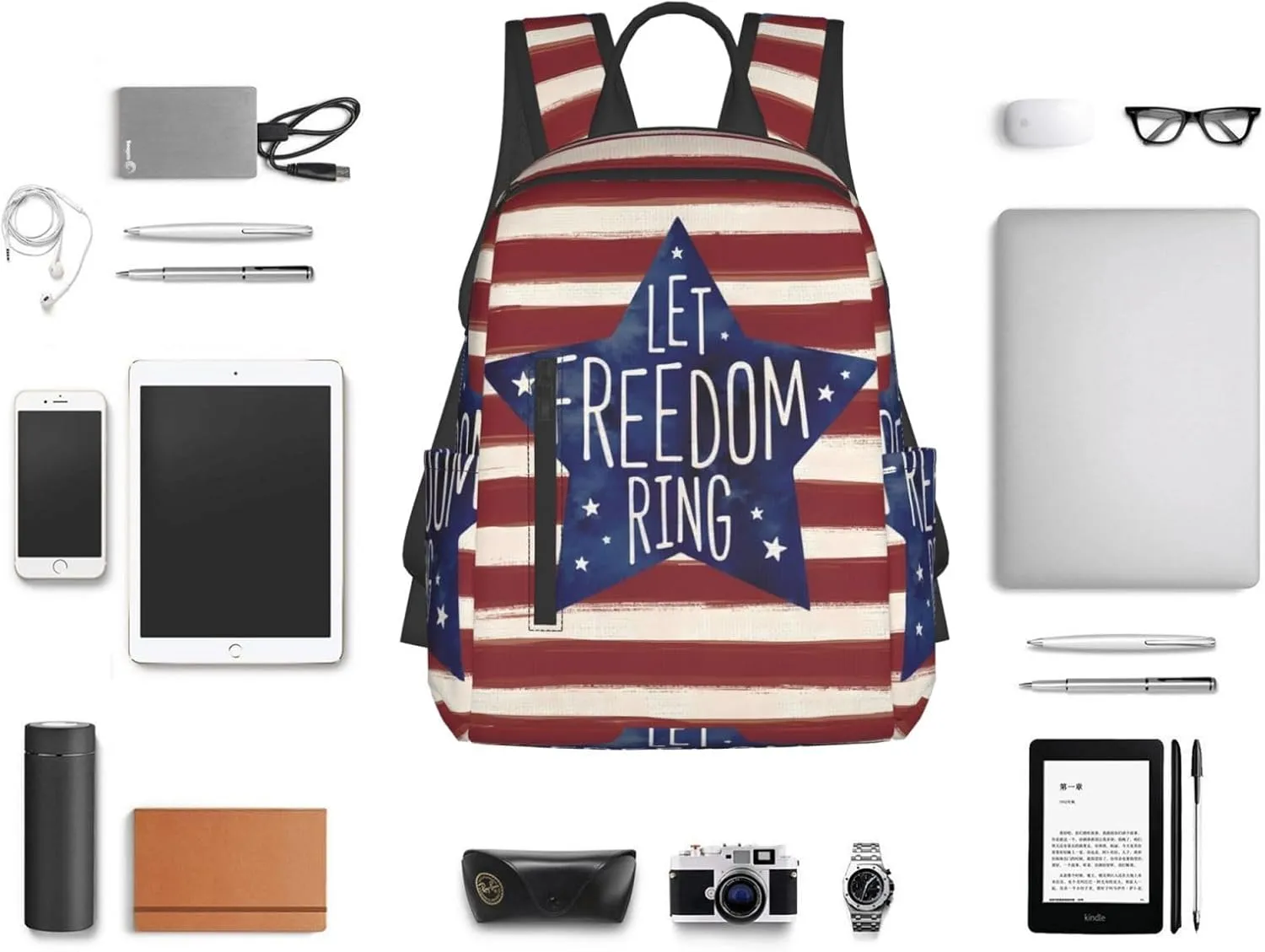American Independence Day American Flag Stripes Let Freedom Ring Casual Backpacks Laptop Backpack Outdoor Travel Rucksack Sport Carry-On Daypack Lightweight Bag with Multi-Pockets