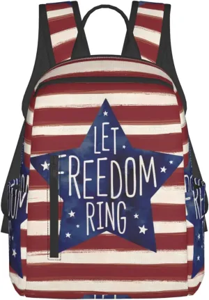 American Independence Day American Flag Stripes Let Freedom Ring Casual Backpacks Laptop Backpack Outdoor Travel Rucksack Sport Carry-On Daypack Lightweight Bag with Multi-Pockets