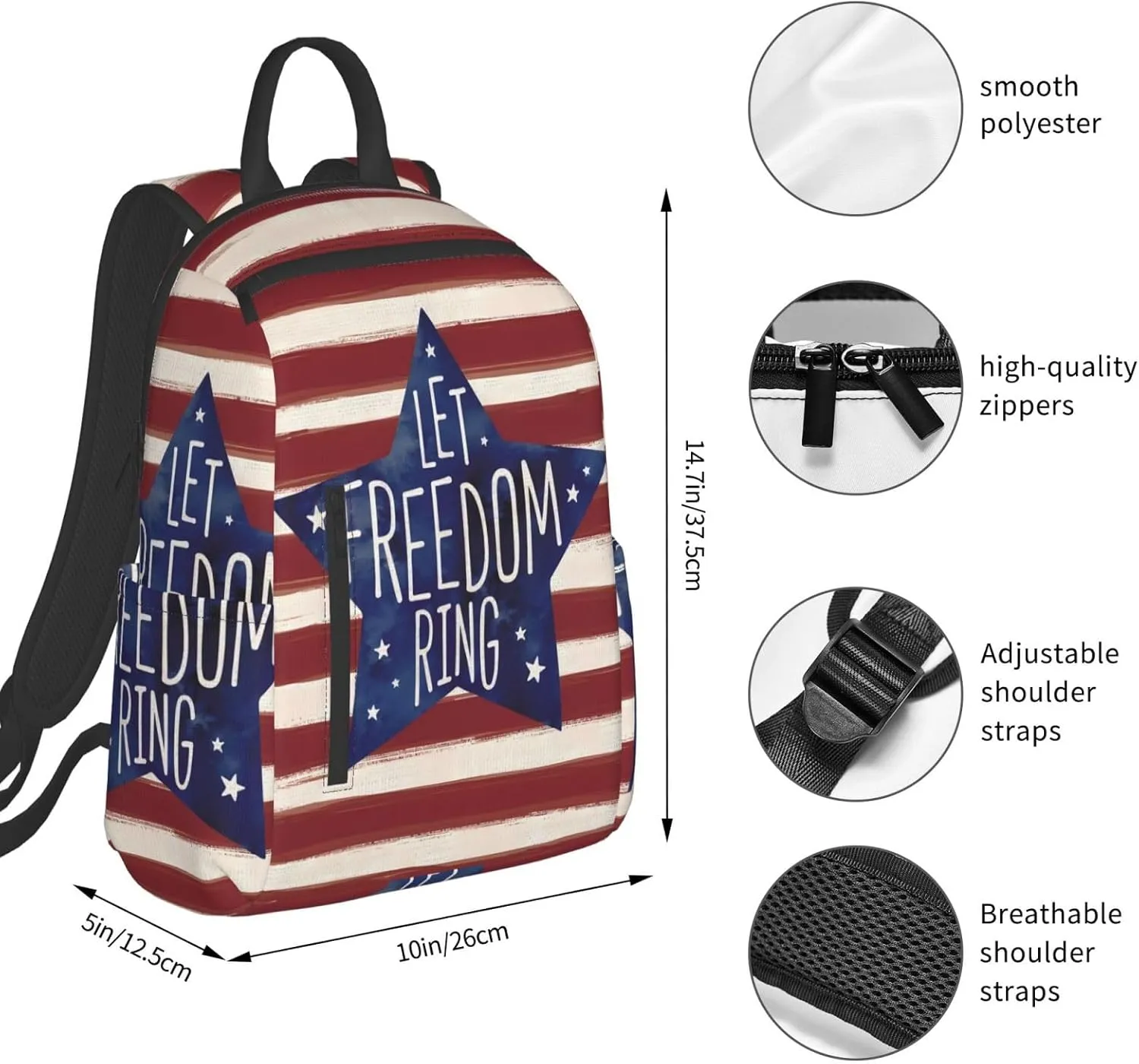 American Independence Day American Flag Stripes Let Freedom Ring Casual Backpacks Laptop Backpack Outdoor Travel Rucksack Sport Carry-On Daypack Lightweight Bag with Multi-Pockets