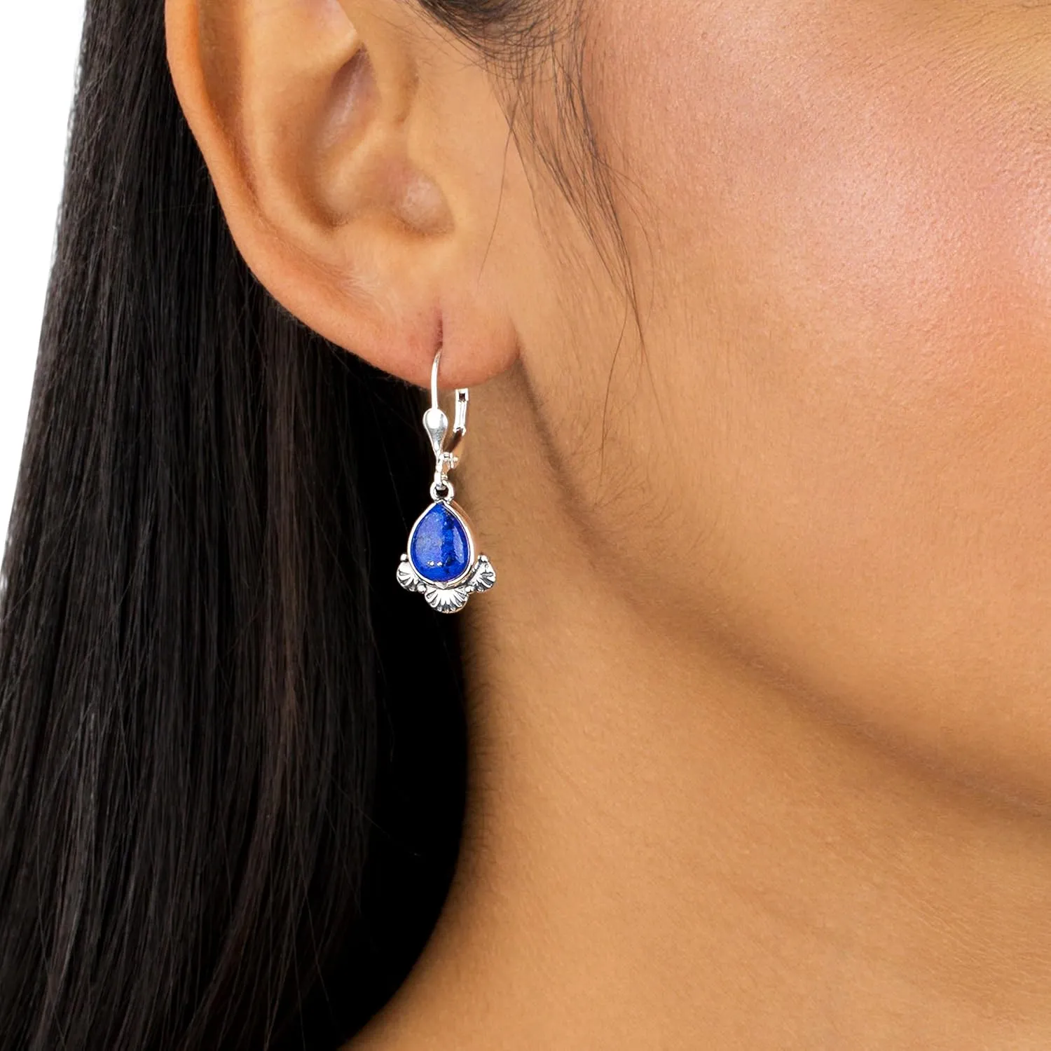 American West Jewelry Sterling Silver and Pear Shape Genuine Gemstone Fan Lever Back Earrings
