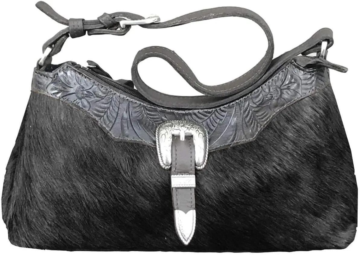 American West Women's Shoulder or Cross Body Leather Handbag| Handmade| Hand Tooled | Hair -on (Drk Turquoise- Bolo Concho)