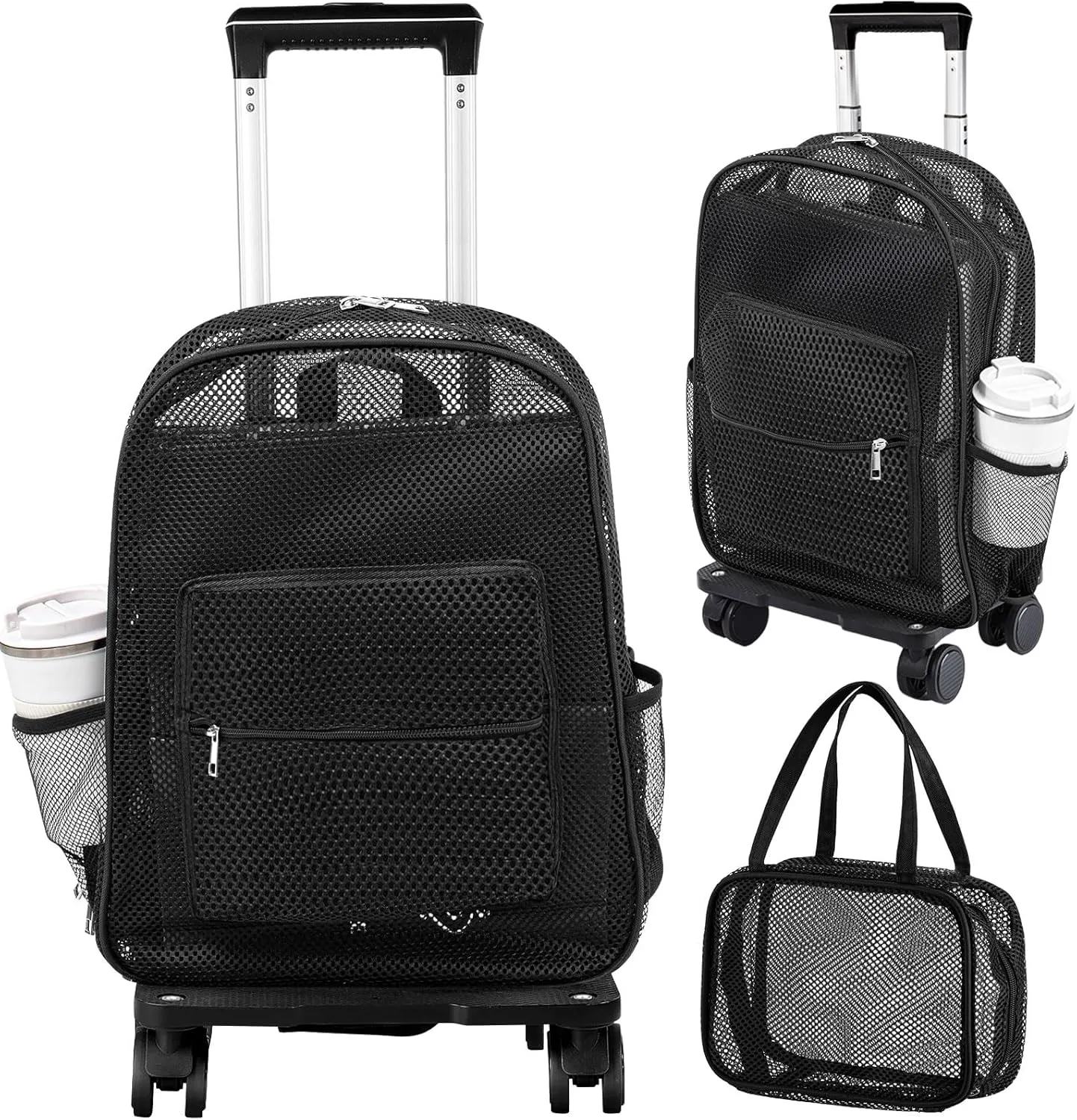 Amylove 17'' Rolling 3Pcs Mesh Backpack Set Heavy Duty Mesh Backpack with Lots of Pockets Transparent Wheeled Kids See Through Backpack Bookbags with Lunch Box for School