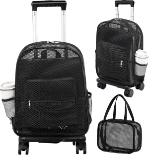 Amylove 17'' Rolling 3Pcs Mesh Backpack Set Heavy Duty Mesh Backpack with Lots of Pockets Transparent Wheeled Kids See Through Backpack Bookbags with Lunch Box for School