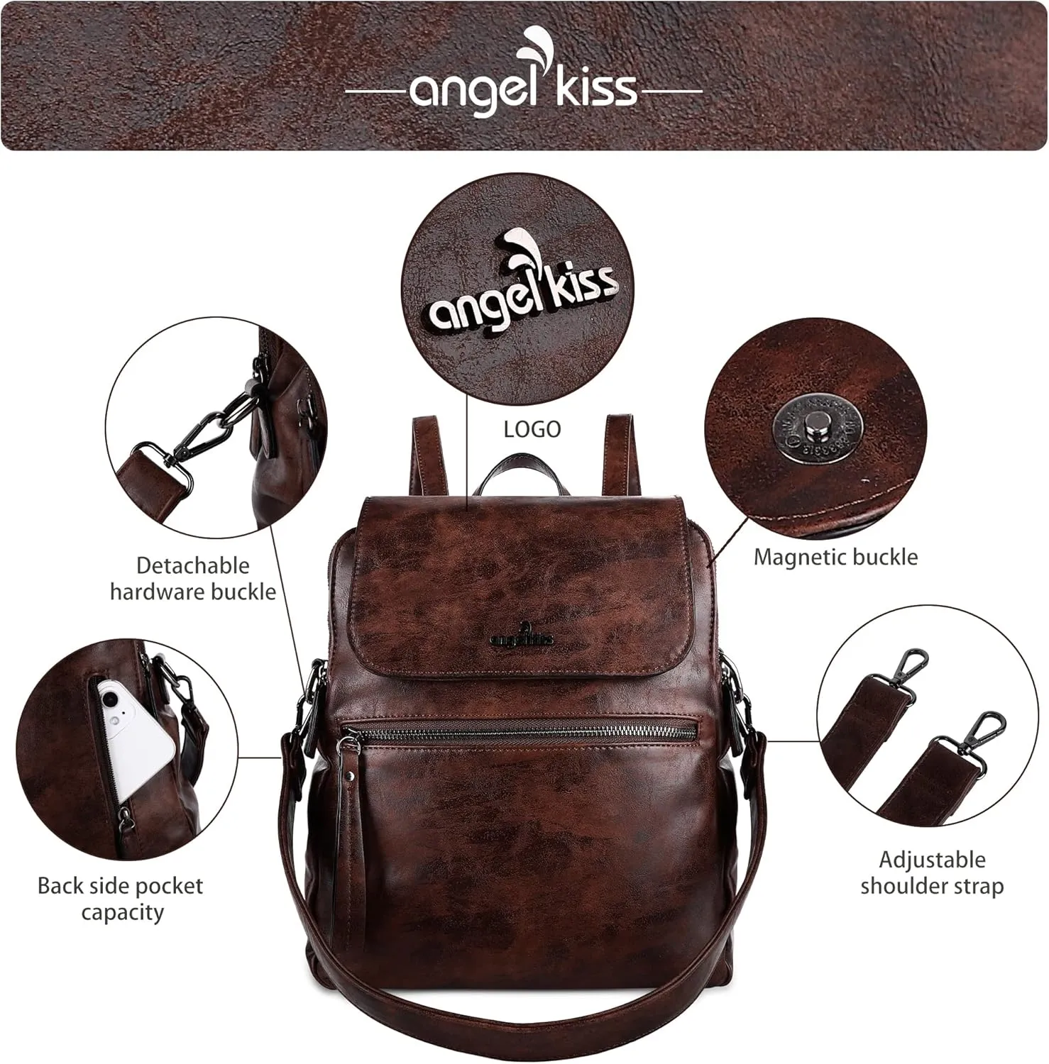 Angel Kiss Backpack Purse for Women Casual Fashion Vegan Leather Shoulder Bag Ladies Zipper Magnetic Flap Backpack
