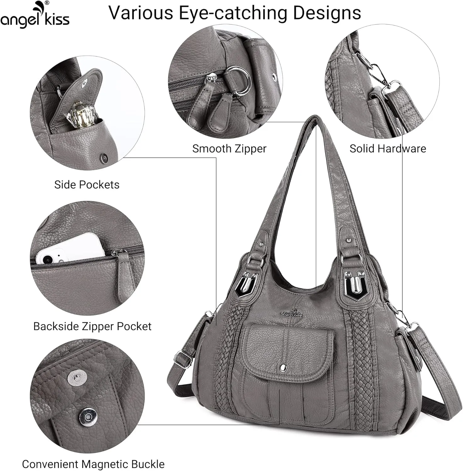 Angelkiss Purses and Handbags for Women Washed Vegan Leather Crossbody Hobo Satchel Shoulder Tote Purse
