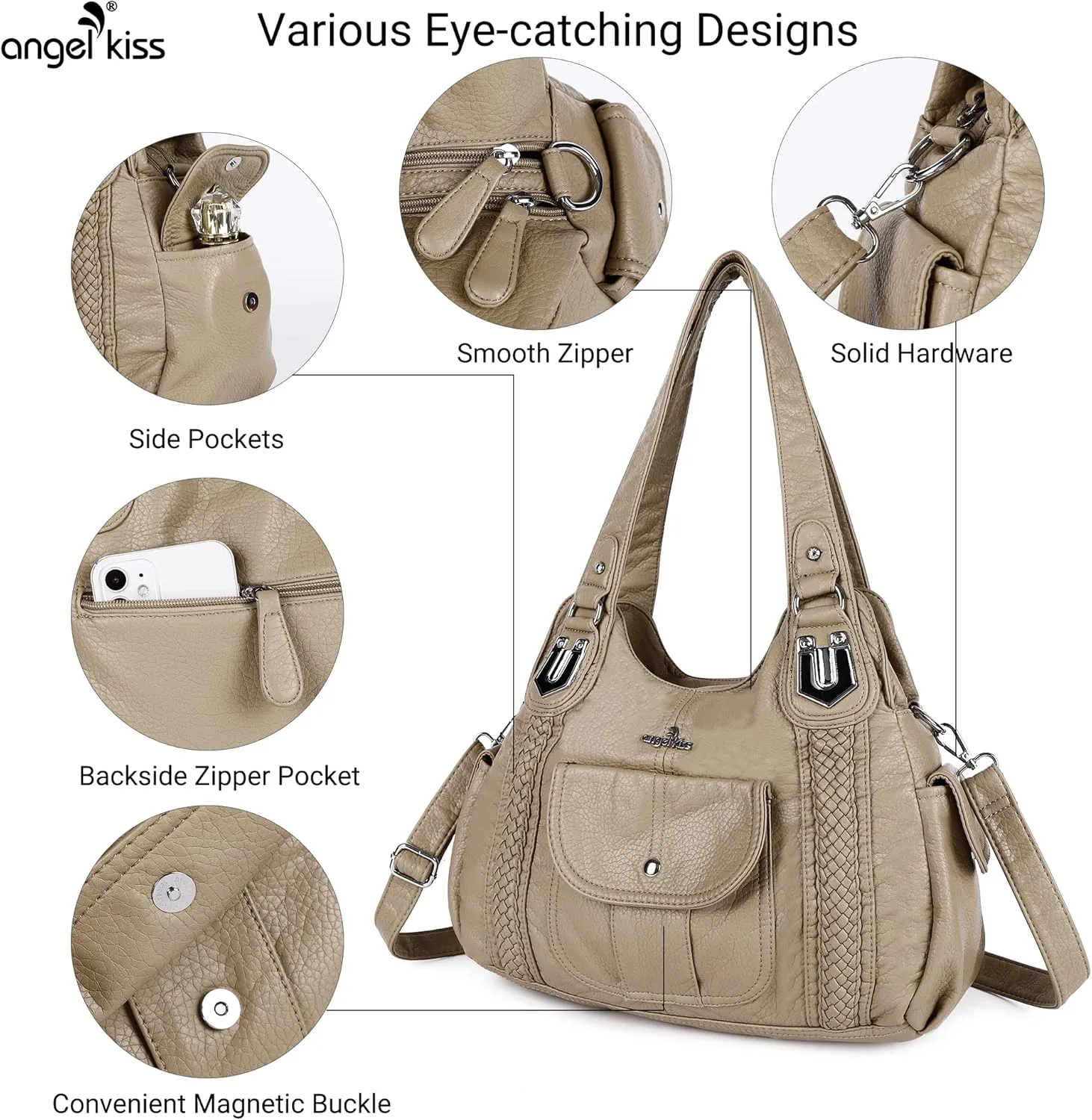 Angelkiss Purses and Handbags for Women Washed Vegan Leather Crossbody Hobo Satchel Shoulder Tote Purse