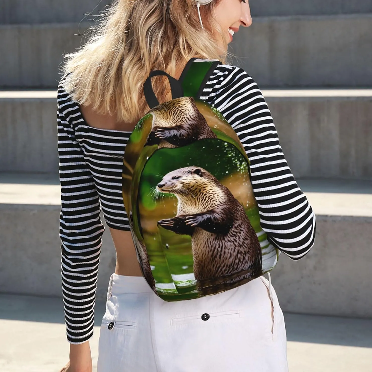 Animal Cute Brown Otters Print Vintage Canvas Backpack,Travel Bag,Stylish And Lightweight With Multiple Pockets