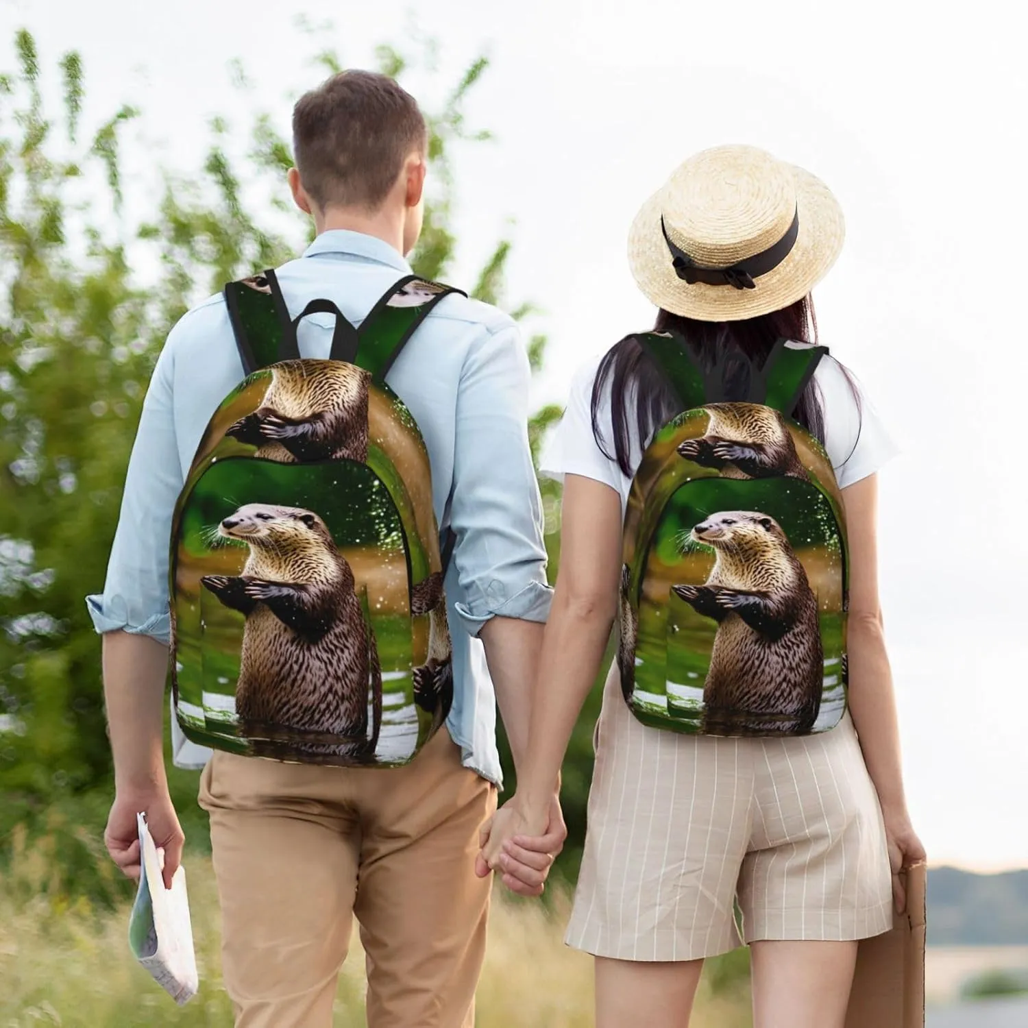 Animal Cute Brown Otters Print Vintage Canvas Backpack,Travel Bag,Stylish And Lightweight With Multiple Pockets