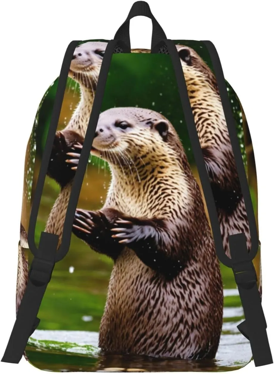 Animal Cute Brown Otters Print Vintage Canvas Backpack,Travel Bag,Stylish And Lightweight With Multiple Pockets