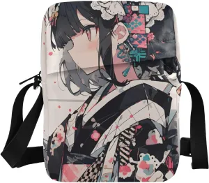 Anime Samurai Maid Sling Bag Zipper Closure Compact Crossbody Bags with Card Phone Passport Compartment for Women Men 6.6×9.4×2.5 inches