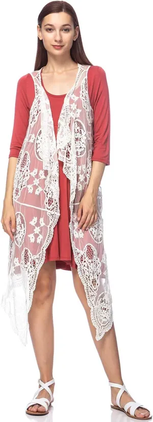 Anna-Kaci Vintage Floral Bohemian Sleeveless Mesh Lace Crochet Embroidery Beach Top Cardigan Vest,